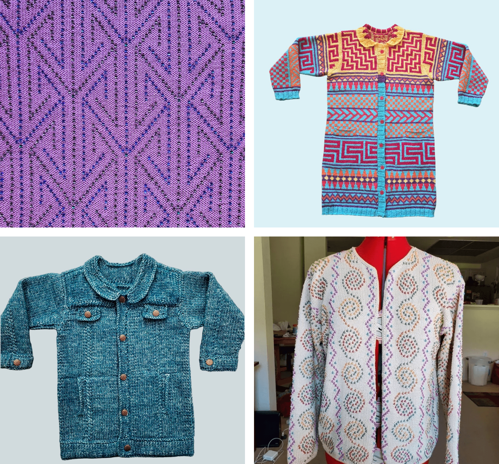 Four colorful patterned knit cardigans and swatch